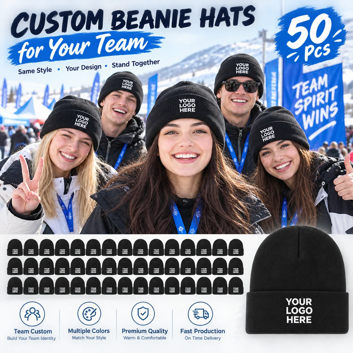 50 custom knit hats, can print personal or team logos, perfect for teams, companies, events, and group gifts