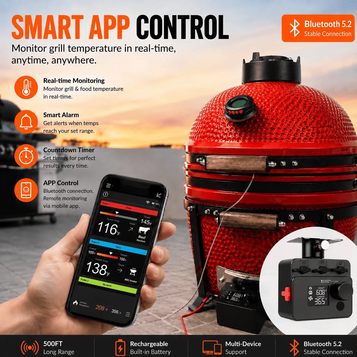 Wireless Bluetooth Meat Thermometer PID BBQ Fan Controller Temperature Control Probe for Smoker Kamado Oven