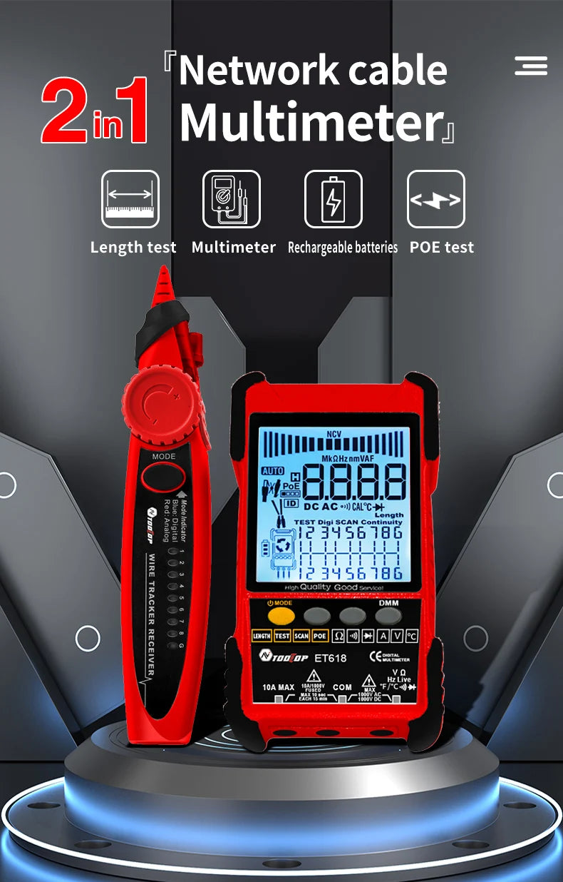 TOOLTOP Tester kabli sieciowych Multimetr Śledzenie kabli LAN Test POE Pomiar długości 400M/600M Regulowana czułość Szukacz kabli