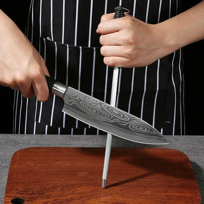 Laser Damascus Pattern Utility Kitchen Knives Set, Stainless Steel Sharp Slicing Chef Knife, Scissors & Sharpening Rod Cooking T