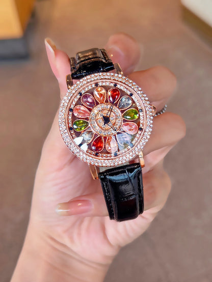 A dazzling and stylish luxury women's watch, quartz watch set with colored rhinestones and featuring a captivating rotating dial