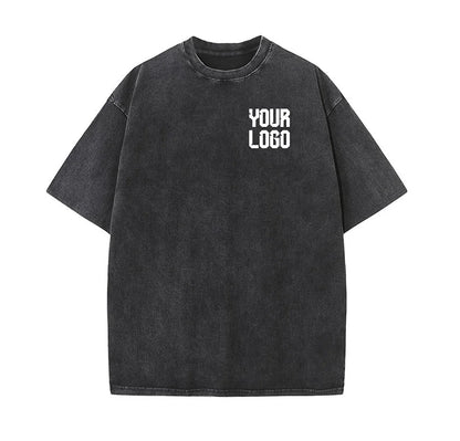 European washed retro round neck short sleeved shirt for men and women, 100% pure cotton, customizable logo