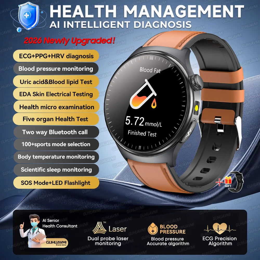2026 New AI-Diagnosis Care Smartwatch ECG+PPG Accurate Uric Acid Blood Pressure Body Fat Five Organ Fitness Waterproof Smartwatc