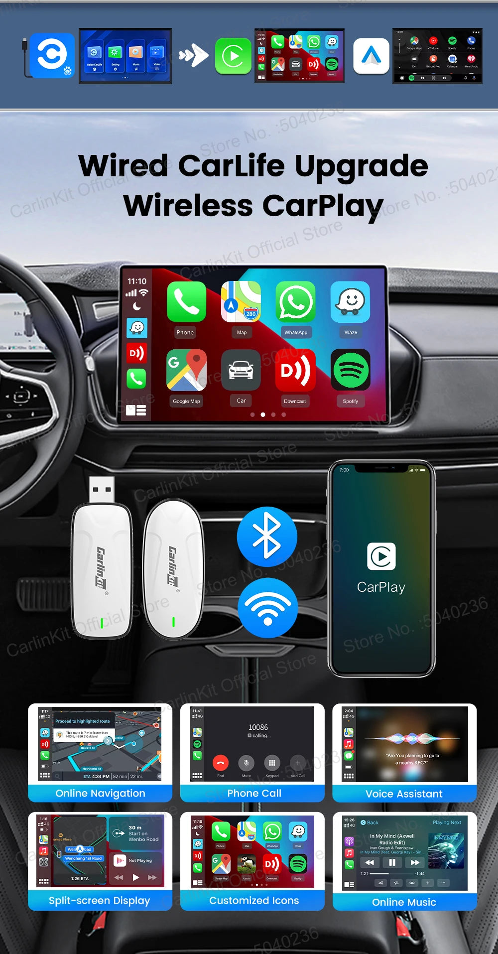 Baidu CarLife CarlinKit Wired To Wireless CarPlay Wireless Android Auto Adapter WiFi Bluetooth Auto Connection 2-In-1 Smart Box