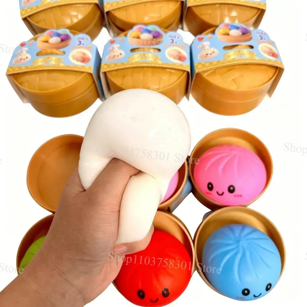 Colorful Dumpling Squishes Stress Balls Fidget Sensory Toys Simulation Food Squishies Bun with Steamer Squeeze Dough Ball Gifts