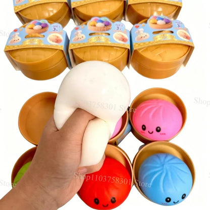 Colorful Dumpling Squishes Stress Balls Fidget Sensory Toys Simulation Food Squishies Bun with Steamer Squeeze Dough Ball Gifts