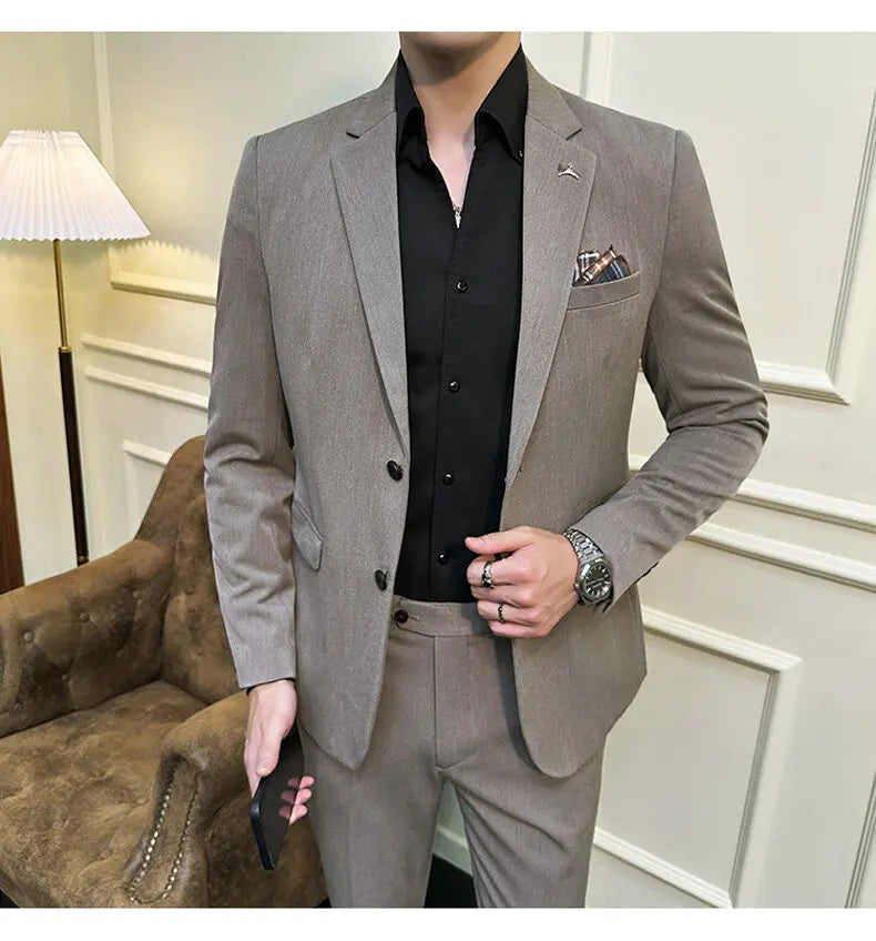 High quality Korean slim fit (suit + trousers) Fashion business handsome casual solid color wedding suit two-piece set