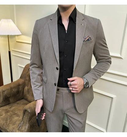 High quality Korean slim fit (suit + trousers) Fashion business handsome casual solid color wedding suit two-piece set