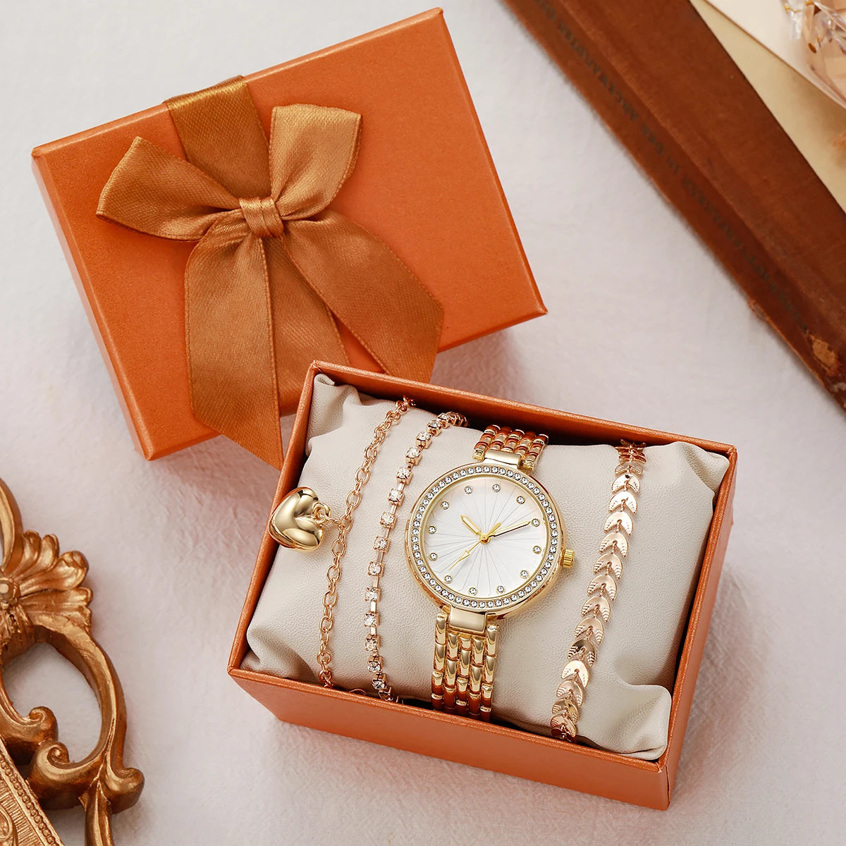 Luxury Gold Watch Bracelet Set for Women | Crystal Bezel | Heart Charm | Leaf Link | Elegant Gift Set