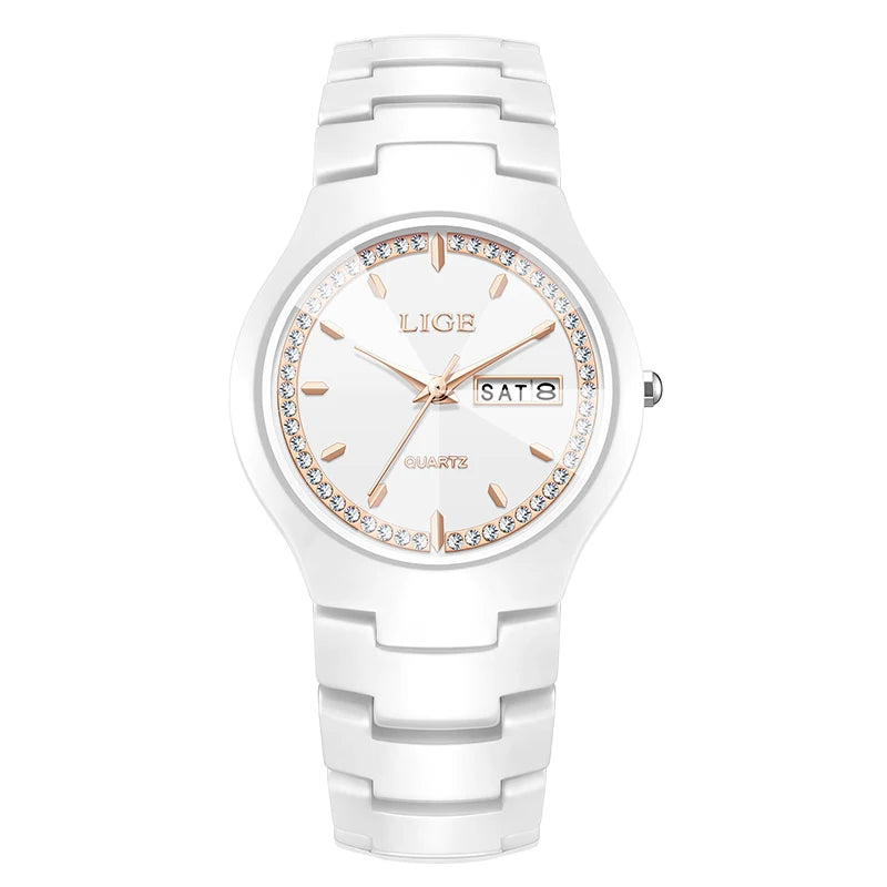 LIGE Women's wristwatch elegant women's watch ceramic quartz waterproof clock week calendar fashion Watch for Women reloj mujer