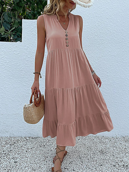 Casual Summer Midi Dress Women Sleeveless Tank V Neck Buttons Ruffle Loose Dresses Beach Soild Sundress Fashion
