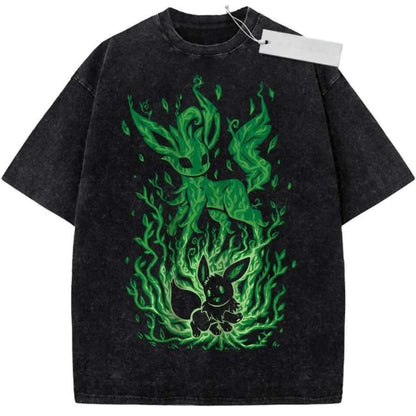 Oversize Vintage Washed Pokemon T Shirt Cute Mimikyu Cartoon with Small Ghost Companion Graffiti Print Streetwear Casual Wear