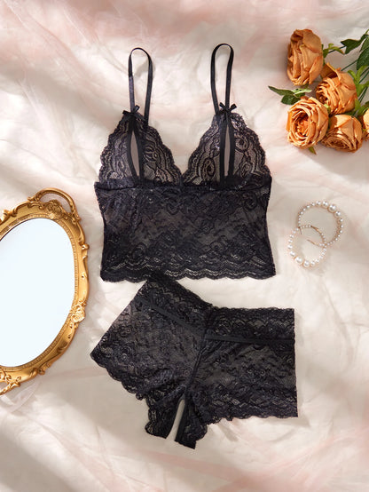 Women Black Open-Back Lace Two-Piece Panties Underwear Sleep Set
