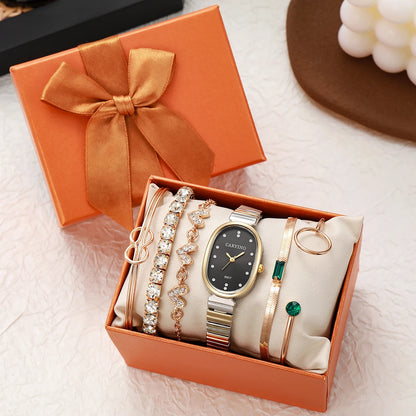 Elegant Two-Tone Watch & Jewelry Set - Oval Black Dial Watch, Crystal Stackable Bracelets & Emerald Accent Ring, Sophisticated L