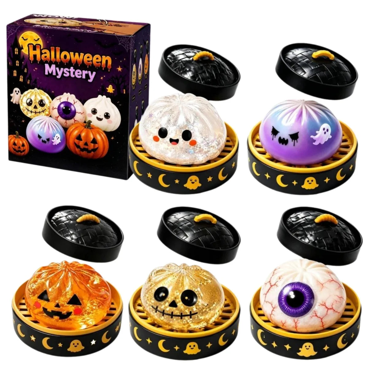 5.5cm Soft Squishy Dumpling Toy With Halloween Theme Steamed Box Slow Rising Funny Sensory Toy Decompression Squeeze Toy Gift