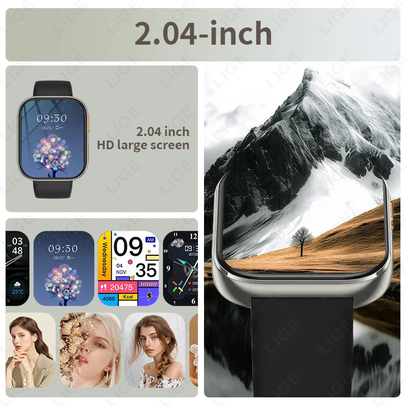 LIGE AMOLED Smart Watch Men 2.04 Screen Bluetooth Call Health Monitor IP68 Waterproof Sport Women Smartwatch New For Android IOS
