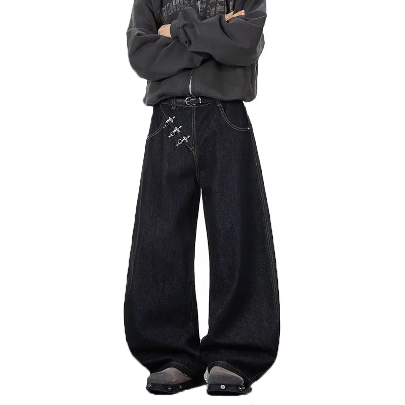2026 Spring/Summer Korean Black Men'S Curved Knife Jeans Loose Straight Legs Casual Wide Legs 3xl Large Jeans