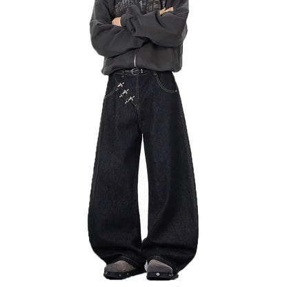 2026 Spring/Summer Korean Black Men'S Curved Knife Jeans Loose Straight Legs Casual Wide Legs 3xl Large Jeans