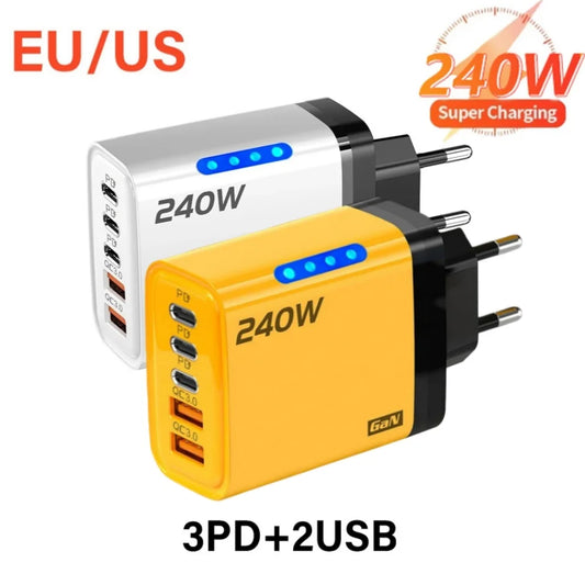 240W GaN 2USB+3Type C Desktop Phone Charger With LED Light Multi Ports Quick Charge 3.0 Adapter For iPhone Samsung Huawei Tablet