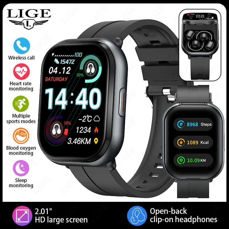 LIGE Bluetooth Headphones with clip-on design 2 In 1 Smartwatch with Earphones Heart Rate Sport Fitness Headset Smart Watch 2026
