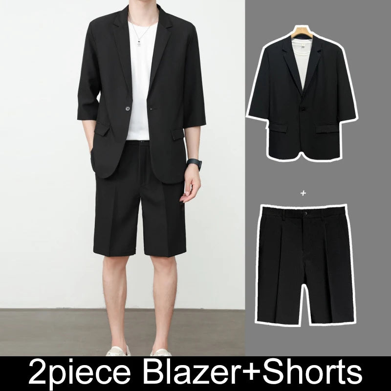 KIDWHXR Summer Men Outfit Thin Breathable Solid Color Male 2-piece Suit Set Loose Business Casual Man Short Sleeve Suits