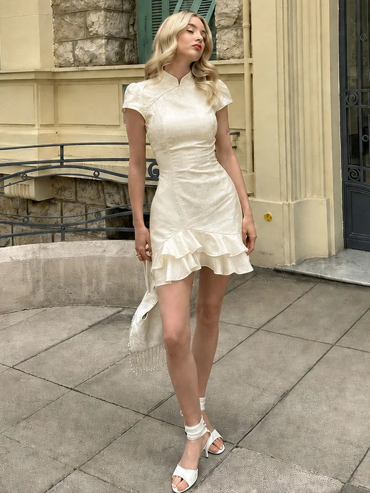 Tossy Fashion Ruffled Elegant Party Dress Women Short Sleeve Patchwork Slim Printed High Waist Dress Summer Female Mini Dress