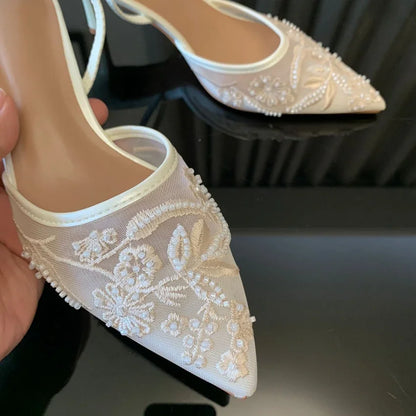 Brand Designer Mesh Embroidered White Women's High Heels Flower Straps Sexy Bareback High Heels Dress Women's Wedding Shoes