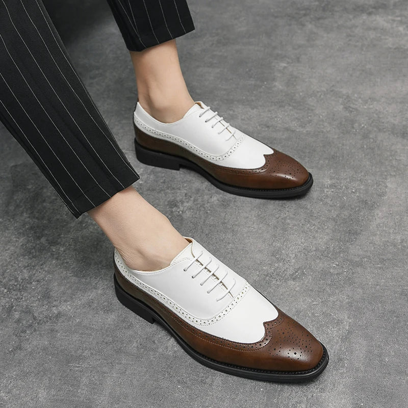 Men Wingtip Detail Dress Shoes, Business Two Tone Oxford Shoes For Wedding party