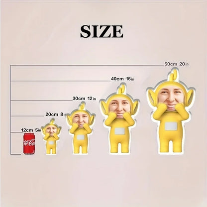 Customizable plush cartoon doll pillow with personal photo facial design, happy yellow characters, expressive eyes and smiling