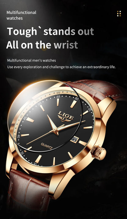 LIGE Military Watch For Men Fashion Business Watch Men Casual Leather Sport Waterproof Men's Quartz Wristwatches Reloj Hombre