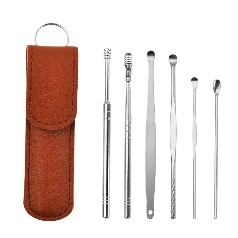 Ear Cleaning Tool Stainless Steel Ear Pick Kit &1 Set Storage Bag Earwax Remover Tool Earpick Wax Remover Remover Piercing Kit
