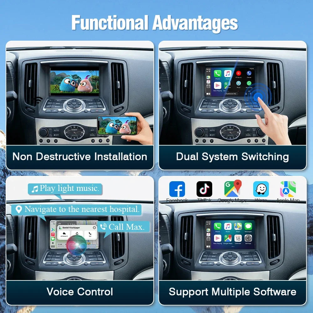 AUTOTOP Wireless CarPlay Android Auto Upgrade Adapter for Infiniti G35 G37 Coupe Sedan G M EX FX JX QX Series 2009-2014 Car AI Box, 7 8 inch HD Screen GPS Airplay BT, SWC Steering Wheel Control, Keep Original Factory System M
