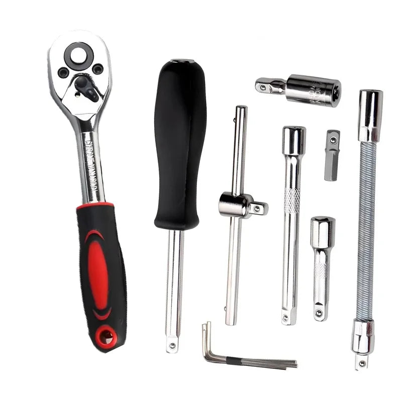 46pcs Family Tools 1/4 Inch Drive Socket Ratchet Wrench Set Complete Car Repair Kit for Motorcycle and Bicycle Maintenance Tools