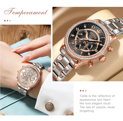 OLEVS Women's Watches Top Brand Luxury Original Quartz Watch for Ladies Chronograph Waterproof Luminous Rhinestone Dial 24 Hour