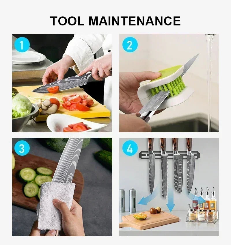 Damascus Chef's Knife Kitchen Knives Set Professional Boning Knife Meat Cleaver Utility Knife Japanese Santoku Knife with Cover