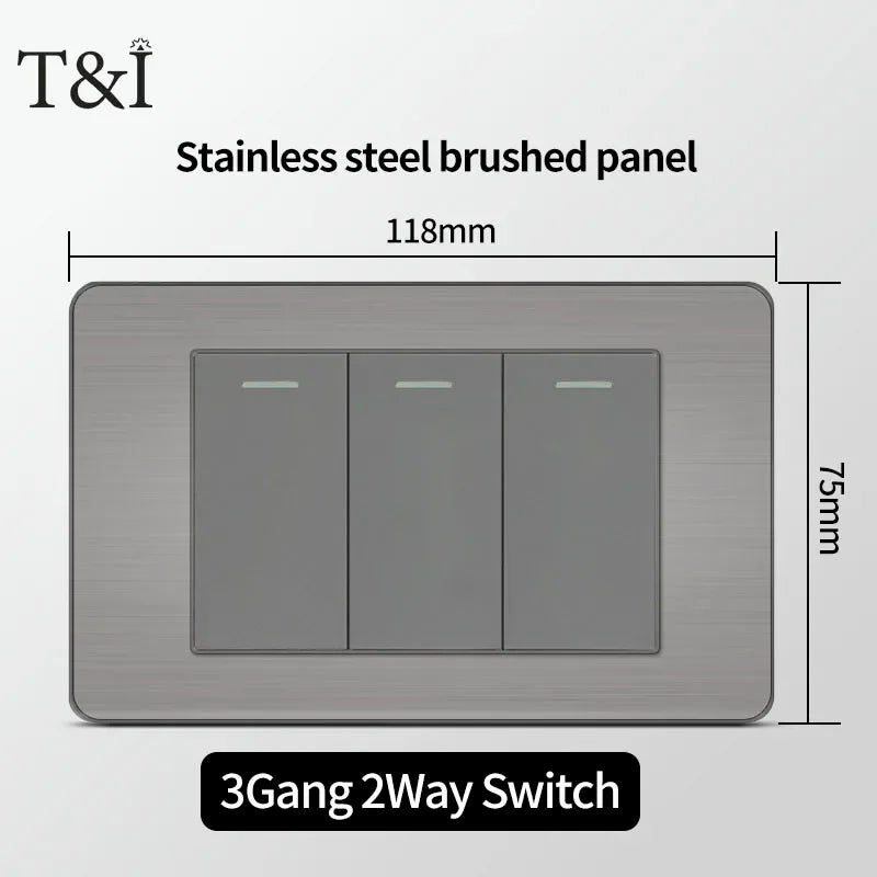 118 US Mexico Grey Stainless Steel Brushed 2way Electrical Light Switch Home Wall Socket Plug Double USB Type-C Power Outlet