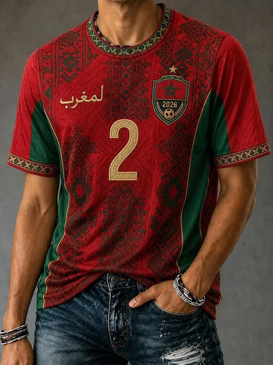 2026 Morocco Fan Football T-Shirt, Red Letter Print Quick Dry Short Sleeve Casual Sports Jersey Unisex