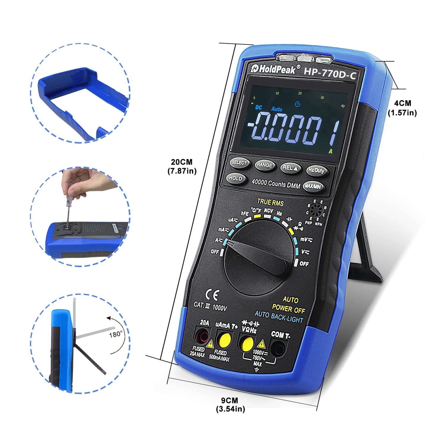 HP-770D-C LCD Digital Multimeter - True RMS Auto Range for AC/DC Voltage, Ohm, Amp & Capacitor (40,000 Counts)
