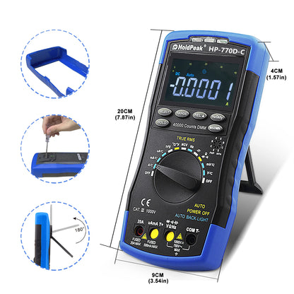 HP-770D-C LCD Digital Multimeter - True RMS Auto Range for AC/DC Voltage, Ohm, Amp & Capacitor (40,000 Counts)