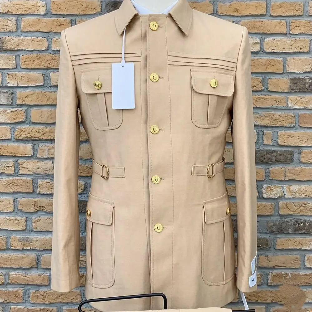 Safari Suits for Men with Stand Collar 2 Pieces Single Breasted Wedding Suit Gold Buttons Formal Casual Groom Prom Wear