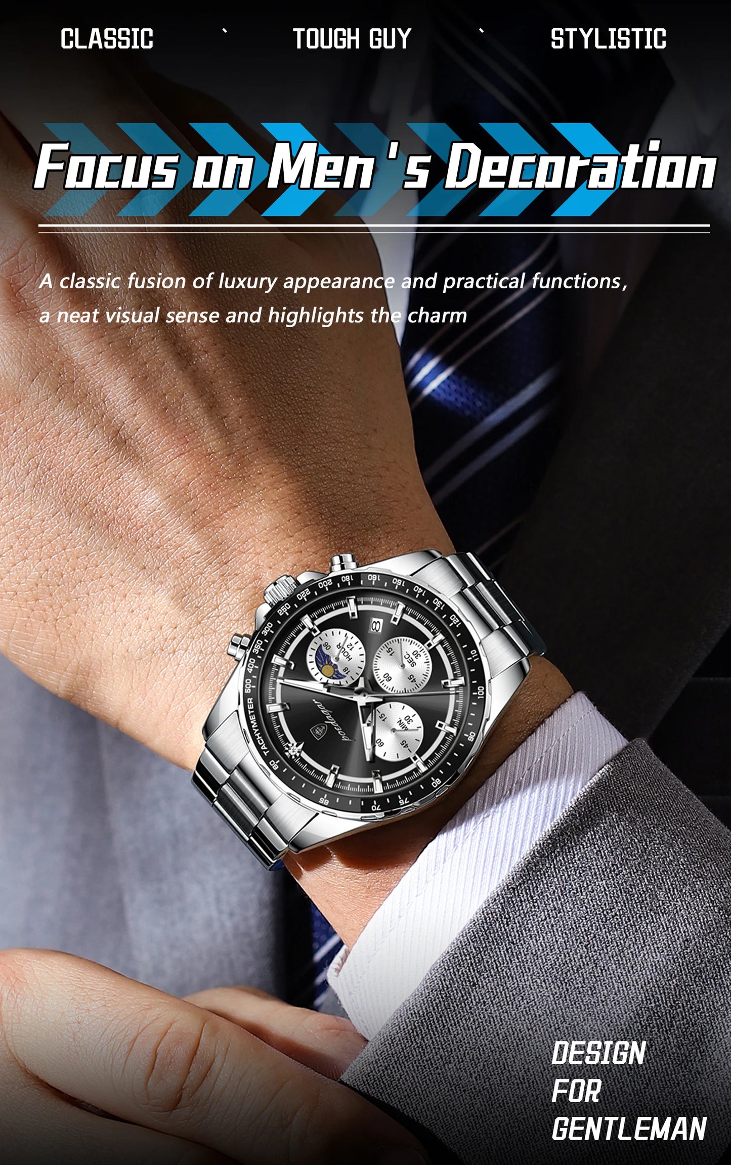 POEDAGAR Top Original Man Wristwatch Waterproof Stainless Steel Luminous Men Clock Chronograph Date Quartz Sports Men's Watches