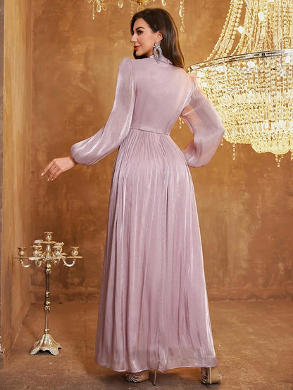 TOLEEN Women's Stand Collar Waist Twist Beaded Sequin Embellished Elegant Long Lantern Sleeve Shift Dress Wedding Spring Party