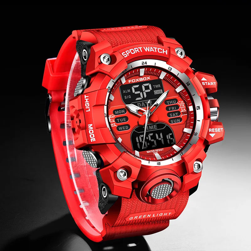 FOXBOX Top Brand Sports Military Quartz Men Watch Waterproof Dual Display Digital Fashion Big Watch For Men LED Man Wristwatch