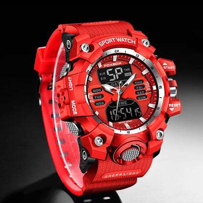 FOXBOX Top Brand Sports Military Quartz Men Watch Waterproof Dual Display Digital Fashion Big Watch For Men LED Man Wristwatch