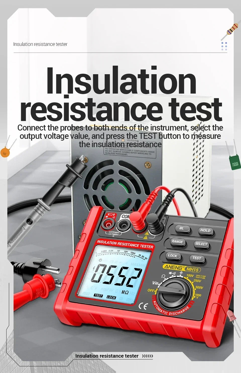ANENG MH15 Digital Megohmmeter 1000V High Voltage Insulation Test 2000MΩ High Resistance Measurement Electrical Testing Artifact
