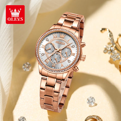 OLEVS Women's Watches Top Brand Luxury Original Quartz Watch for Ladies Chronograph Waterproof Luminous Rhinestone Dial 24 Hour