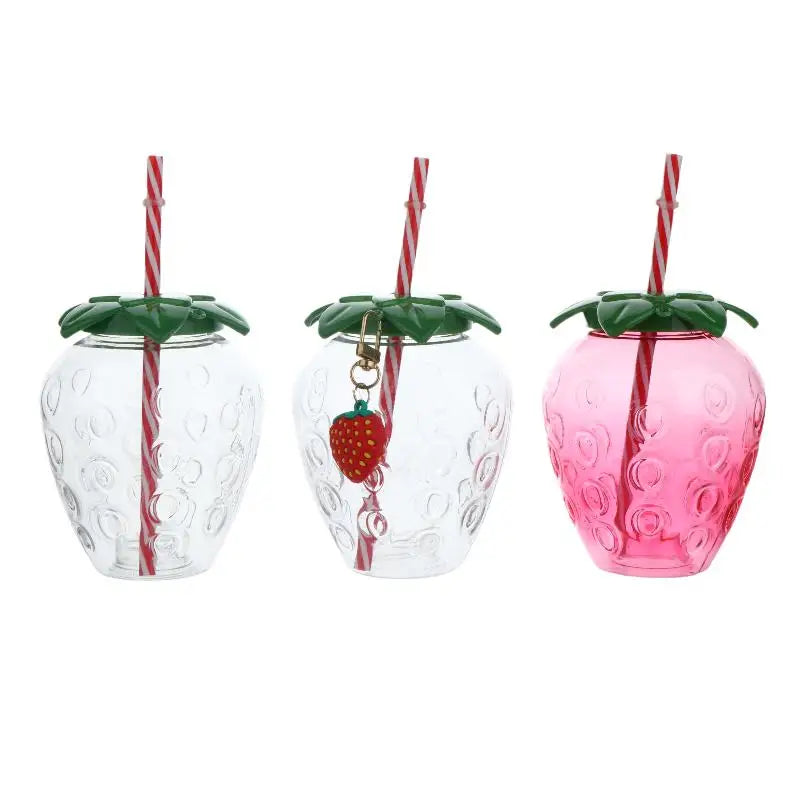 ✔Strawberry Shaped Plastic Cup With Straw Cute Water Bottle Portable Drinking Cup Beverage Cups For Summer Party Home Use