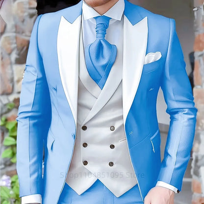Elegant Peak Lapel Jacket Groom Tuxedo 3 Pieces Blue Men's Suits Blazer Vest and Pants Set Formal Men's Suit for Business