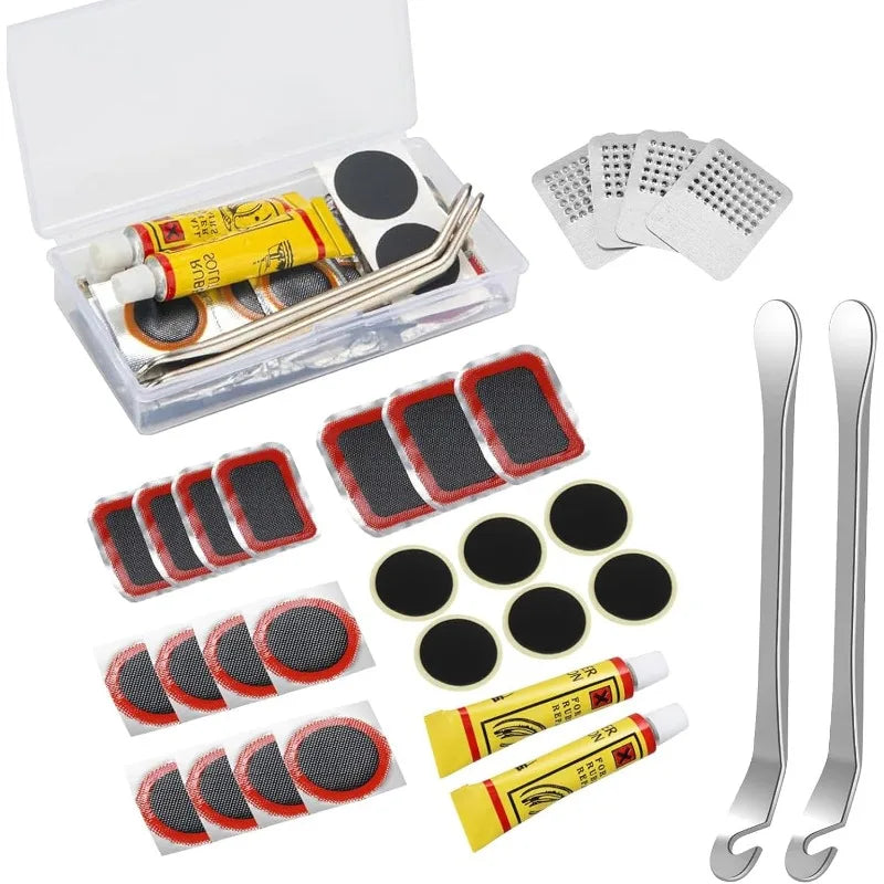 Emergency Bike Tire Repair Kit for Cyclists with Patches Metal Rasps Tire Levers Glue On-the-Go MTB Road Cycling Repair Tools