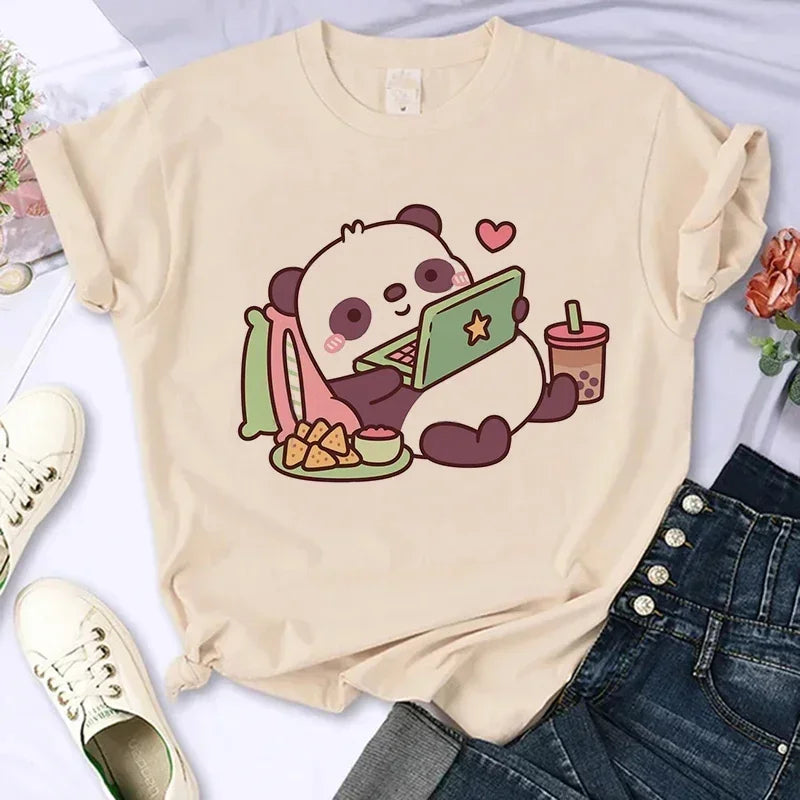Cartoon Casual Creative T-shirt Vintage Round Neck Clothes Funny Cute Panda Printed T Shirt for Women Summer Sleeve